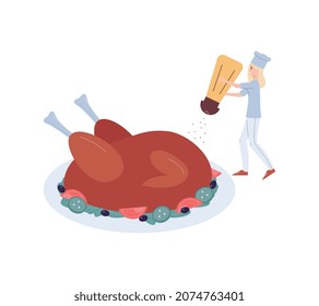 Tiny chef cartoon character cooking roasted turkey, flat vector illustration isolated on white background. Preparation of traditional turkey meal for Thanksgiving dinner.