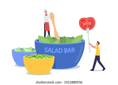 Tiny Chef Character in Apron and Toque Cooking Salad of Fresh Leaves at Huge Bowl in Vegan Cafe, Man with Tomato Slice on Fork. Healthy Food, Vegetarian Nutrition, Buffet. Cartoon Vector Illustration