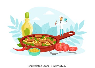 Pequeño personaje de chef cocinando delicioso plato en una enorme ilustración de vectores de dibujos animados