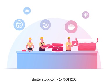 Tiny Chef Characters Cooking Semifinished Products and Packing into Huge Containers. Woman Cutting Vegetables, Man Put Meat to Huge Container. Food Cooking Process. Cartoon People Vector Illustration