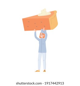 Tiny chef female cartoon character standing holding a piece of cake above her head, flat vector illustration isolated on white background. Culinary recipe and pastry art.