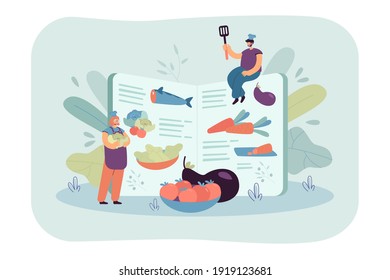 Tiny chefs cooking healthy food according to recipe book, preparing fresh ingredients for organic meal menu. Vector illustration for restaurant menu, healthy eating, culinary concept