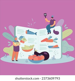 tiny chefs cooking healthy food according recipe book vector design illustration