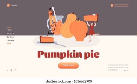Tiny chefs cooking sweet pumpkin pie for thanksgiving holiday dinner. Traditional autumn dessert. Vector illustration. Landing page template.