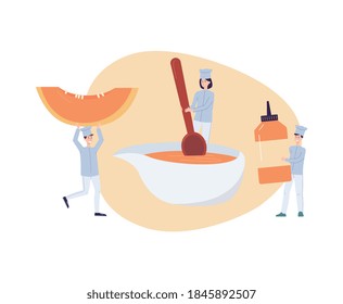 Tiny chefs cooking tasty sweet pumpkin soup for thanksgiving. Traditional seasonal autumn holiday dish. Flat cartoon vector illustration isolated on a white background.