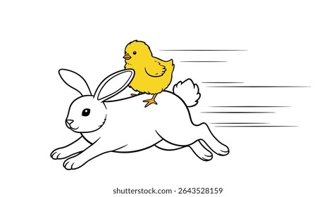 Tiny Chick Riding Hopping Easter Bunny Outline Cute Spring Animal Friends Line Art Playful Illustration