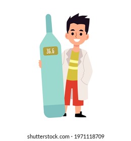 Tiny child boy doctor standing with giant thermometer, flat vector illustration isolated on white background. Cartoon character of boy dreaming to be professional doctor.