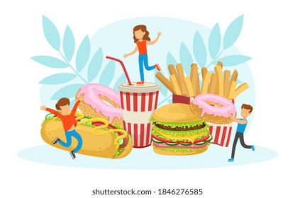 Tiny Children Having Fun with Fast Food, Boys and Girls Eating Junk Food Vector Illustration