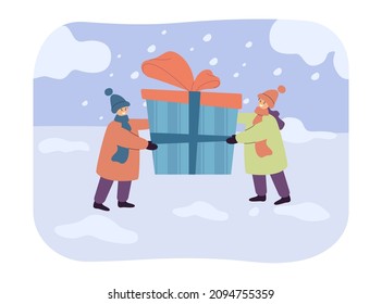 Tiny children holding gift box together outdoor. Girl and boy with present in hands in winter flat vector illustration. Holidays, wintertime concept for banner, website design or landing web page
