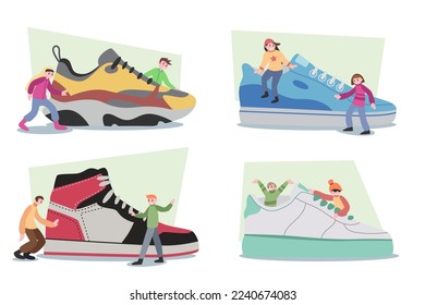 Tiny children with huge sports shoe vector illustrations set. Cartoon drawings of boys and girls with giant sneakers on white background. Fashion, footwear concept
