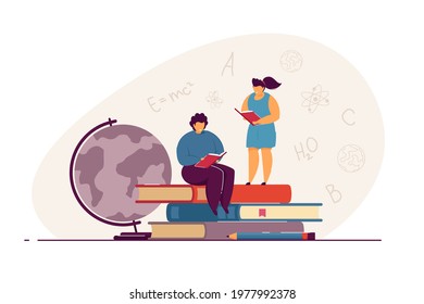 Tiny children reading books flat vector illustration. Boy and girl reading school books. Self-education, school, knowledge concept for banner, website design or landing web page