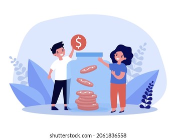 Tiny Children Saving Money In Jar Bank. Girl And Boy Holding Coins For Investment Flat Vector Illustration. Financial Management, Education Concept For Banner, Website Design Or Landing Web Page