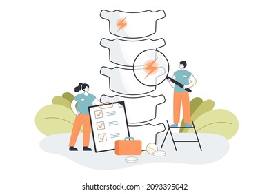 Tiny chiropractors examining spine, setting diagnosis and recommending treatment. Patient having bone injury flat vector illustration. Osteopathy, back pain, anatomy, health care concept