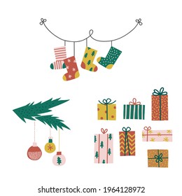 Tiny Christmas decor vector clipart set isolated on white. Christmas party decoration Santa sock Gift box Fir tree branch Toy cute elements collection. Seasonal winter holidays graphic design.