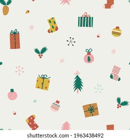 Tiny Christmas decor vector seamless pattern. Christmas party decoration cute elements background. Seasonal winter holidays print design.