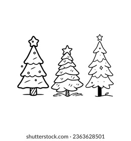 Tiny Christmas trees doodle illustration. Easy drawing line work. Simple vector isolated on white background. Christmas mini design for t-shirt, tattoo, invitation, emblem, stickers.