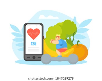 Tiny Chubby Man Doing Squat Exercise, Overweight Man Character Doing Workout Vector Illustration