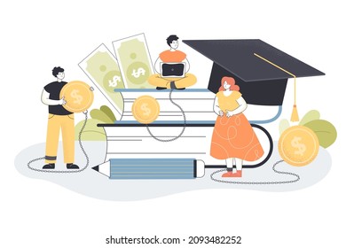 Tiny college or university students making loan to take degree. Male and female character near books paying money or tuition fee for school flat vector illustration. Economy, education, finance system