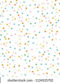Tiny Colorful Stars Seamless Vector Pattern. Irregular Hand Drawn Simple Starry Sky Print for Fabric,Textile,Wrapping Paper. Colorful Night Sky Design. Little Stars Isolated on a White Background.