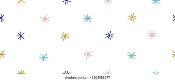 Tiny Colorful Stars Seamless Vector Pattern. Irregular Hand Drawn Simple Starry Print for Fabric, Textile, Wrapping Paper. Infantile Style Galaxy Repeatable Design. Little Stars on a White Background.