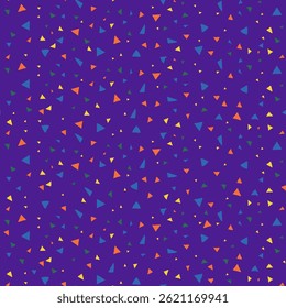 Tiny Colorful Triangles on Purple Background. Fun seamless confetti pattern. Abstract geometry texture. Youthful celebration design.