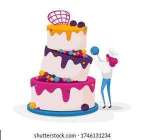 Kleine Konditorei oder Baker Weiblichkeit in höchster Uniform und Toque Dekorieren riesige Feierlichkeiten für Hochzeit oder Geburtstag. Backkuchen Kuchen mit Creme, Mousse und Glaze. Cartoon Vector Illustration