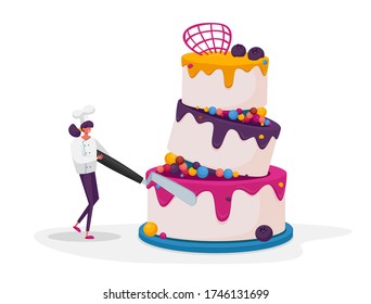 Tiny Confectioner Female Character in Chief Uniform and Toque Decorate Huge Festive Cake Use Professional Instrument, Wedding or Birthday Pie with Cream, Mousse and Glaze. Cartoon Vector Illustration
