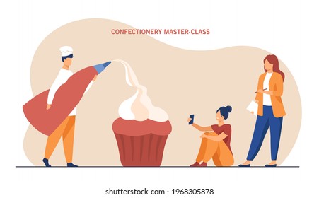 Tiny confectioner leading workshop for two women. Flat vector illustration. Pastrycook holding pastry bag, decorating giant cupcake with creme. Confectionary, pastry, workshop, masterclass concept