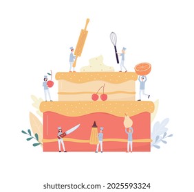 Tiny confectioners and bakers characters decorate festive cake, flat vector illustration isolated on white background. Creative image for pastry and confectionery shop.