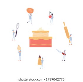 Tiny confectioners characters with kitchen utensils making big cake. Pastry chefs decorating a huge cake together, flat vector illustration isolated on white background.