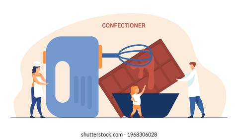 Tiny confectioners cooking with huge mixer, bowl and chocolate. Flat vector illustration. Confectionary family making sweets for children and adults. Confectionary, pastry, family, cooking concept