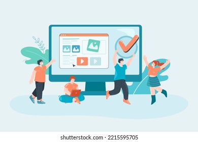 Tiny content creators with checkmark and huge computer screen. Creative business people adding information to website flat vector illustration. Content, marketing, creativity concept for banner