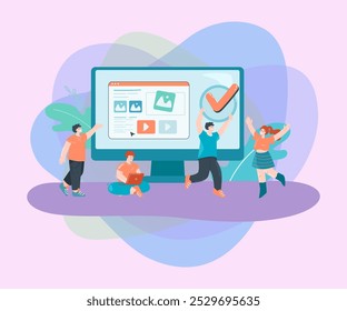 Tiny content creators with checkmark and huge computer screen. Creative business people adding information to website flat vector illustration. Content, marketing, creativity concept for banner