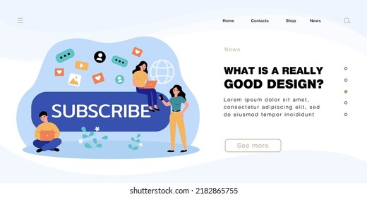 Tiny content creators sitting on subscribe button. Cartoon characters with laptops flat vector illustration. Technology, promotion, social media concept for banner, website design or landing web page