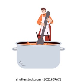 Tiny cook mixing pumpkin soup in saucepan for Thanksgiving dinner, flat vector illustration isolated on white background. Autumn Thanksgiving holiday dishes cooking.