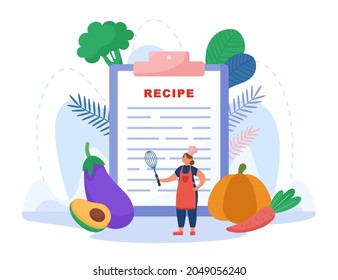 Tiny cook standing in front of recipe. Restaurant menu, recipe from cooking book, vegetables, vegan meal flat vector illustration. Healthy food, diet, nutrition, culinary concept for banner