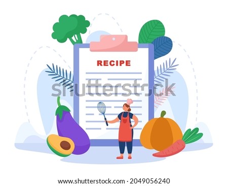 Tiny cook standing in front of recipe. Restaurant menu, recipe from cooking book, vegetables, vegan meal flat vector illustration. Healthy food, diet, nutrition, culinary concept for banner
