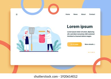 Kleine Köche, die Glaskar und Spatel halten. Essen, Vorfeld, Küchenchef, flache Vektorgrafik. Cooking- und Vorbereitungskonzept für Banner, Website-Design oder Landing-Webseite