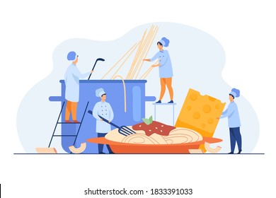 Tiny cooks making spaghetti for dinner isolated flat vector illustration. Cartoon characters boiling water for traditional pasta on restaurant kitchen. Italian cuisine and food concept