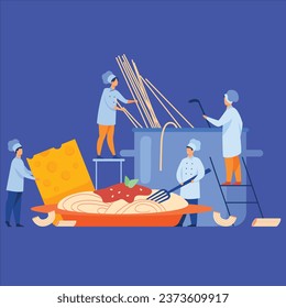 tiny cooks making spaghetti dinner isolated flat illustrationvector design illustration