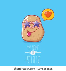 tiny cool potato cartoon character with sunglasses isolated on blue background. My name is potato vector concept illustration. funky summer vegetable food character