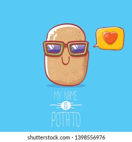tiny cool potato cartoon character with sunglasses isolated on blue background. My name is potato vector concept illustration. funky summer vegetable food character