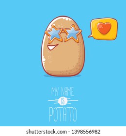 tiny cool potato cartoon character with sunglasses isolated on blue background. My name is potato vector concept illustration. funky summer vegetable food character