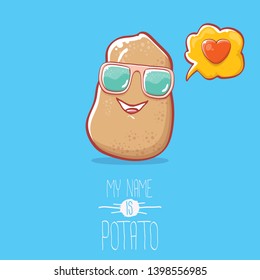 tiny cool potato cartoon character with sunglasses isolated on blue background. My name is potato vector concept illustration. funky summer vegetable food character