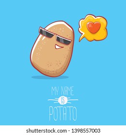 tiny cool potato cartoon character with sunglasses isolated on blue background. My name is potato vector concept illustration. funky summer vegetable food character