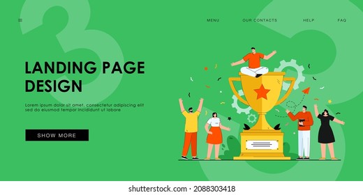 Tiny corporative winners celebrating victory flat vector illustration. Cartoon happy champion team near huge golden cup or award. Business success, teamwork and challenge concept