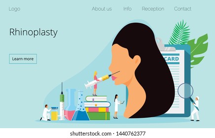 Tiny cosmetologists make face needle injection. Woman getting wrinkles filling. Facial contouring, facial correction surgery, rhinoplasty concept vector for homepage, app, landing page, website.