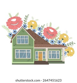 Fachada pequena com flores. Ilustração de casa desenhada à mão isolada sobre fundo branco. Ilustração para cartão postal, lembranças e arte de parede