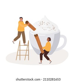 Tiny couple cooking creamy hot drink with cinnamon. Woman serves cinnamon, man sets cinnamon in whipped cream. Cartoon Flat Vector Template of poster for coffee shop, restaurant, cafe, coffee company.