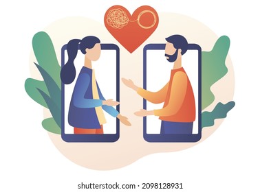 Tiny couple decides mental problems online. Family psychologist. Male and female psychology. Psychotherapy. Psychological help. Modern flat cartoon style. Vector illustration on white background